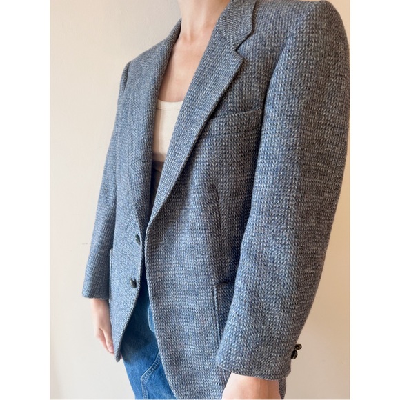 VINTAGE HARRIS TWEED WOOL BLAZER HOUNDSTOOTH GRAY BLUE HAND WOVEN LUXURY S M - Picture 2 of 10